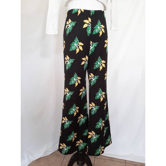 Vtg 70s Polyester Bells Novelty Goldenrod Plant Print Bell Bottom Flare Pants SM - Picture 2 of 8